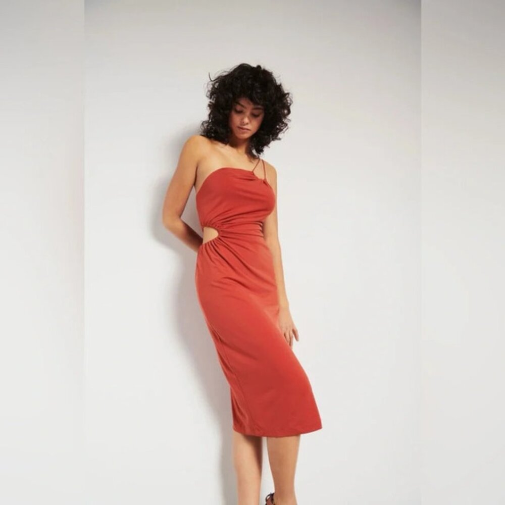 Dynamite Rust Red One-Shoulder Cutout Midi Dress